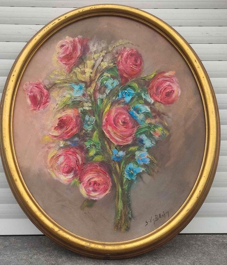 huile sur panneau les roses signe gilbert van belleghem, Antiek en Kunst, Kunst | Schilderijen | Klassiek, Ophalen of Verzenden