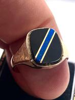 Gouden zegelring 9 kt goud ring met onyx en lapis, Ophalen of Verzenden