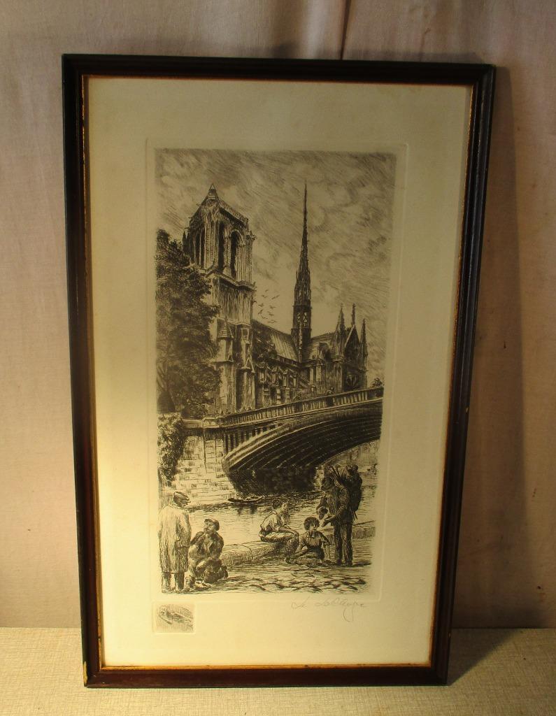 Belle gravure ancienne « Pont sur la Seine » - Signée, Enlèvement ou Envoi