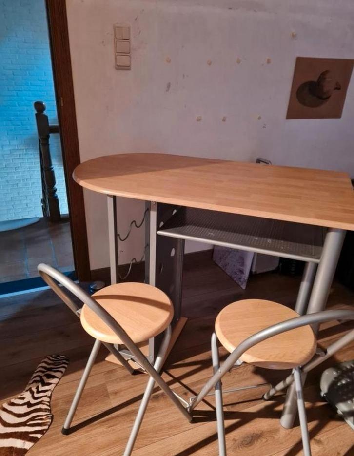 Bar tafel hoge tafel hout + 2 barkruljes, Huis en Inrichting, Tafels | Statafels, Zo goed als nieuw, Ophalen