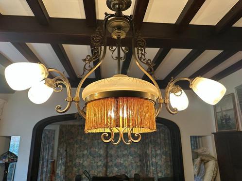 Prachtige, grote  kroonluchter in melkglas, Huis en Inrichting, Lampen | Kroonluchters, Gebruikt, Ophalen