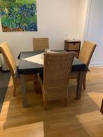 4 rieten stoelen met kussens, Huis en Inrichting, Stoelen, Ophalen, Gebruikt, Riet of Rotan, Vier