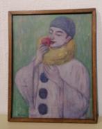 Pierrot met bloem - Schilderij op paneel - Gesigneerd, Antiek en Kunst, Ophalen of Verzenden
