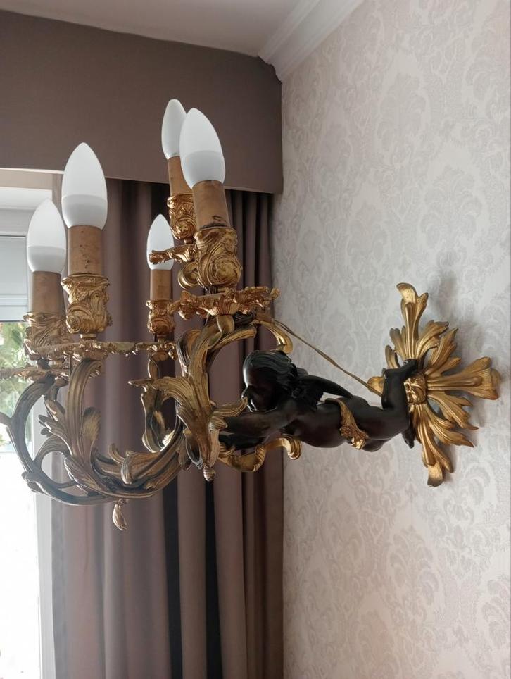 Bronzen engel antiek dorée applique 1890 met 6 lichtpunten, Antiek en Kunst, Antiek | Verlichting, Ophalen