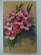 oude prentkaart Heureux Anniversaire bloemen gladiolen, Gelopen, Feest(dag), Verzenden