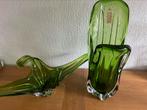 Cristal et murano vert plat vase vert vintage, Antiquités & Art