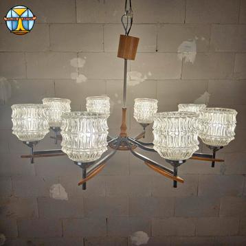 Lustre vintage (années 1960) (8 bras) chromé/bois, Mid century, Moins de 50 cm, Enlèvement ou Envoi, Utilisé