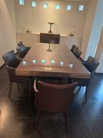 Luxueuze eettafel met 8 leren Italiaanse stoelen (Montina), Ophalen, Zo goed als nieuw, Vijf personen of meer