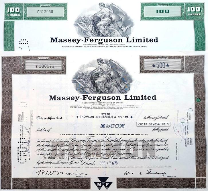 2X MASSEY FERGUSON 1968 & 1976, Postzegels en Munten, Aandelen en Waardepapieren, Certificaat van aandeel, 1950 tot 1970, Ophalen of Verzenden