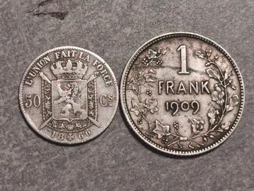 Belgie-1 Frank1909 + 50 centimes 1866 zilver  beschikbaar voor biedingen