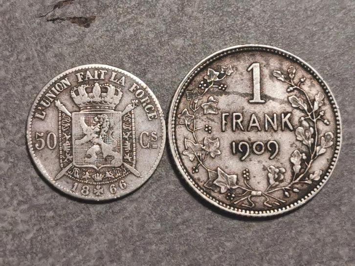 Belgie-1 Frank1909 + 50 centimes 1866 zilver, Postzegels en Munten, Munten | België, Setje, Zilver, Zilver, Ophalen of Verzenden