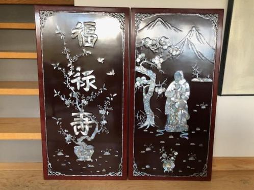 2 Oosterse Vintage Chinese Muurkunst Gesneden Parelmoer, Antiek en Kunst, Kunst | Overige Kunst, Ophalen