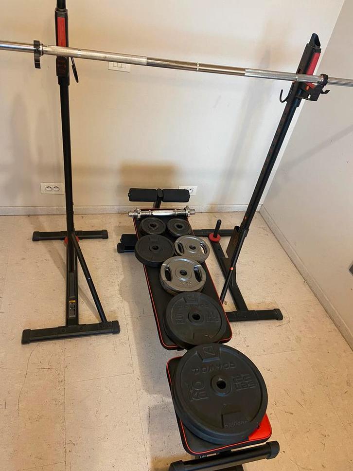 Complete home gym – bench + squat rack + bar & dumbbell set, Sport en Fitness, Fitnessmaterialen, Zo goed als nieuw, Armen, Benen