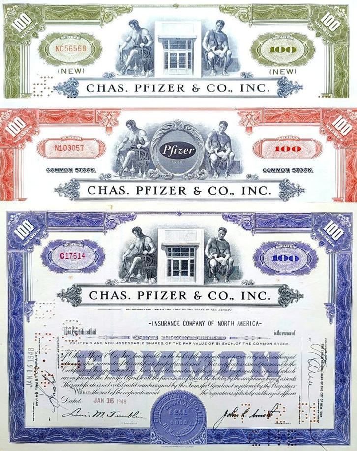 3X PFIZER (farmareus) uit 1948 &1953 & 1960, Postzegels en Munten, Aandelen en Waardepapieren, Certificaat van aandeel, 1950 tot 1970