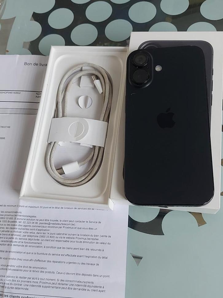 iPhone 16 boîte et facture, Télécoms, Téléphonie mobile | Apple iPhone, Utilisé, 128 GB, iPhone 16, Noir, Enlèvement