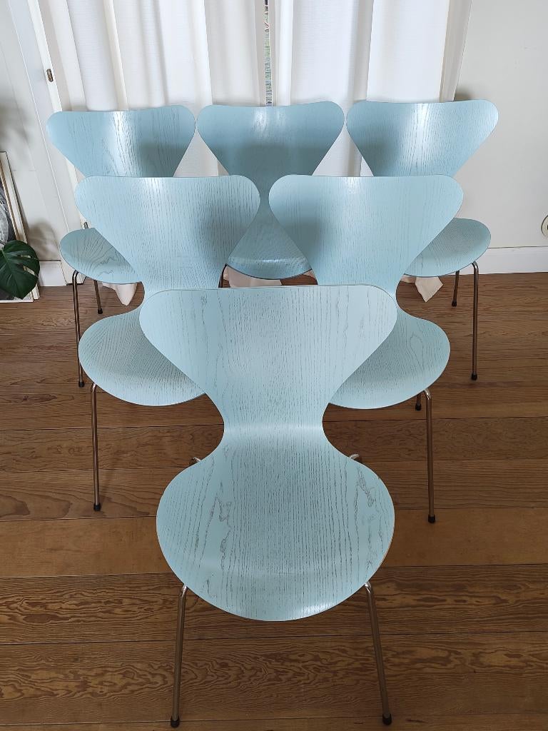 6 Stoelen Fritz Hansen Series 7 Arne Jacobsen, Maison & Meubles, Chaises, Design, Enlèvement, Bois, Bleu