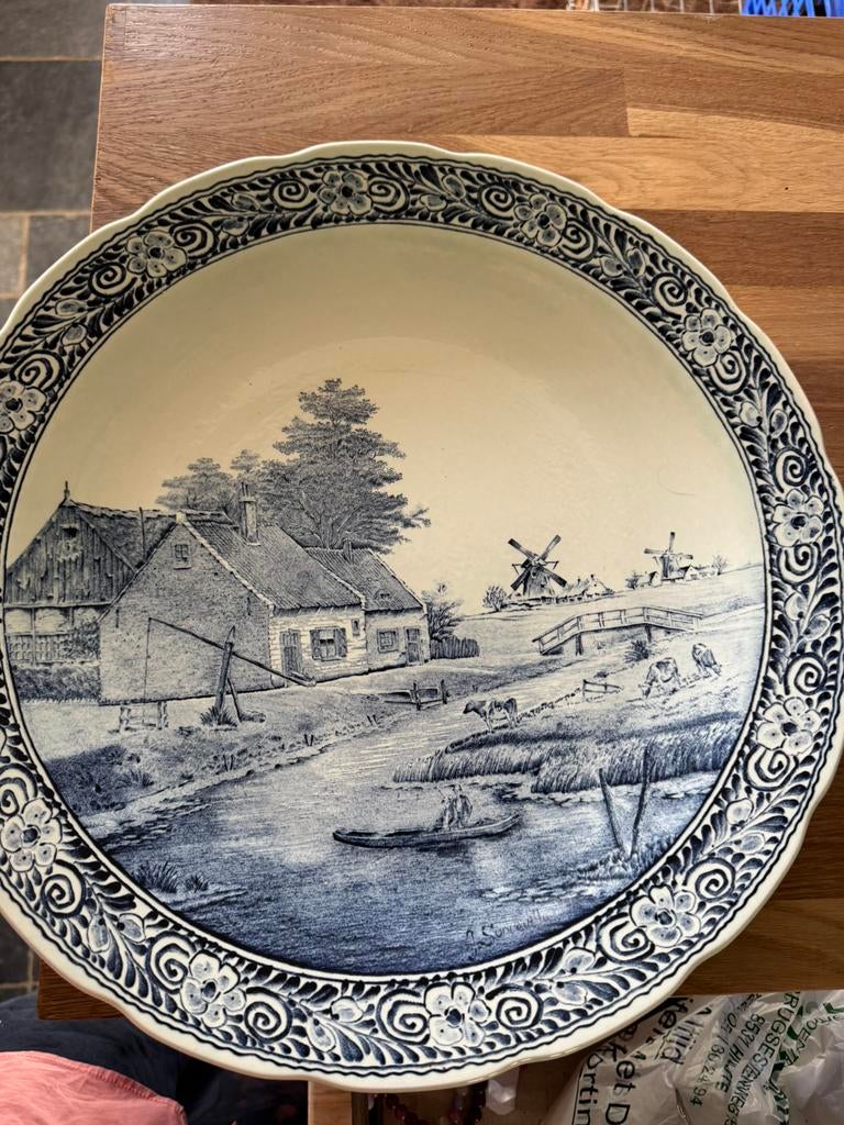 Delfts blauw  bord 40 cm bloempot, kannetjes, Ophalen