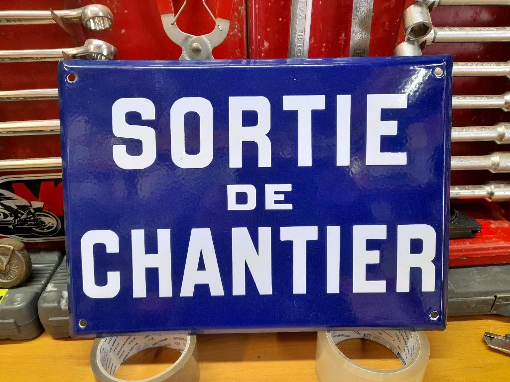 oude geëmailleerde plaat die de bouwplaats verlaat 35x25, Antiek en Kunst, Antiek | Email, Verzenden