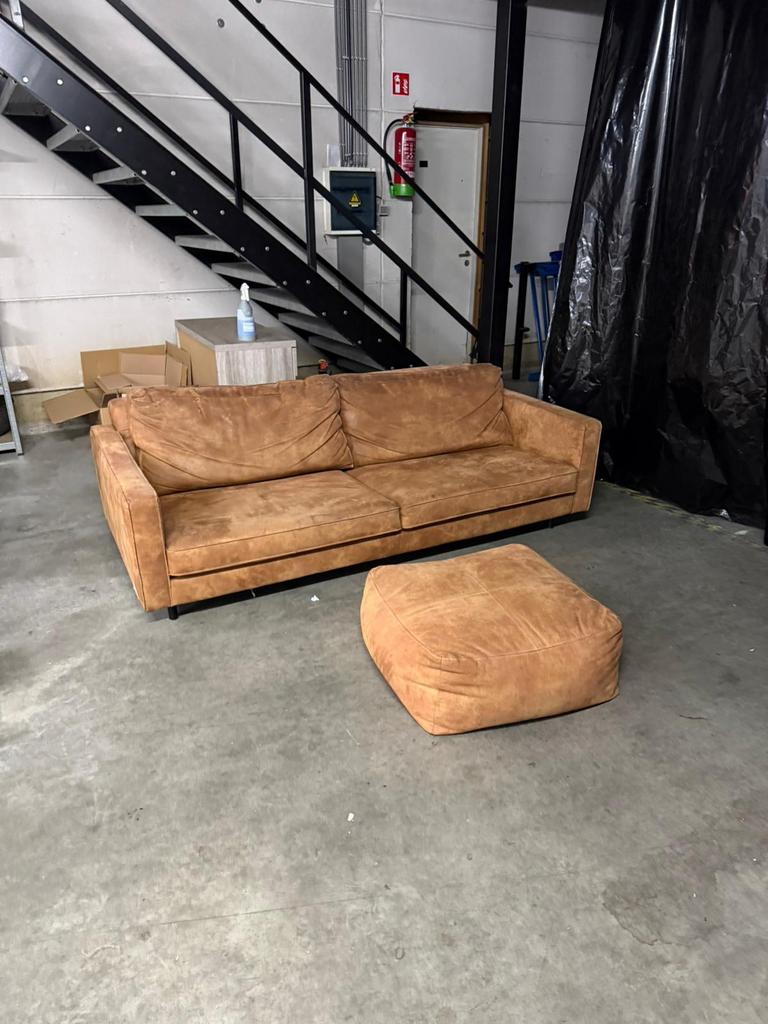 ️ Cognac Suède Look Zetel + Poef – Mid-Century Stijl, Ophalen of Verzenden, Zo goed als nieuw