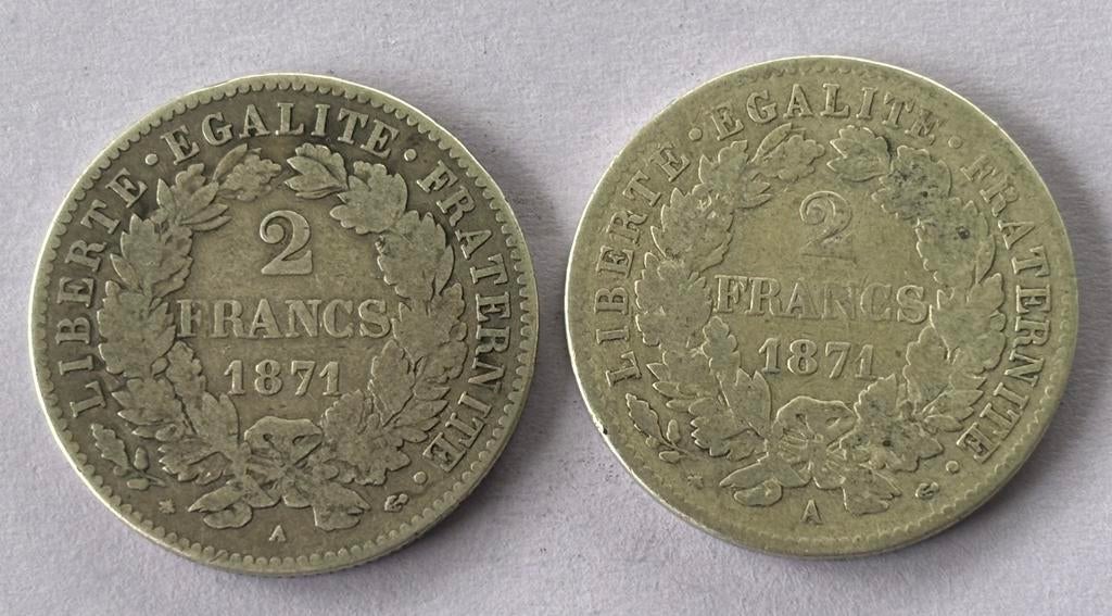 2x 2 Fr France 1871 A, Enlèvement ou Envoi, France, Monnaie en vrac, Argent