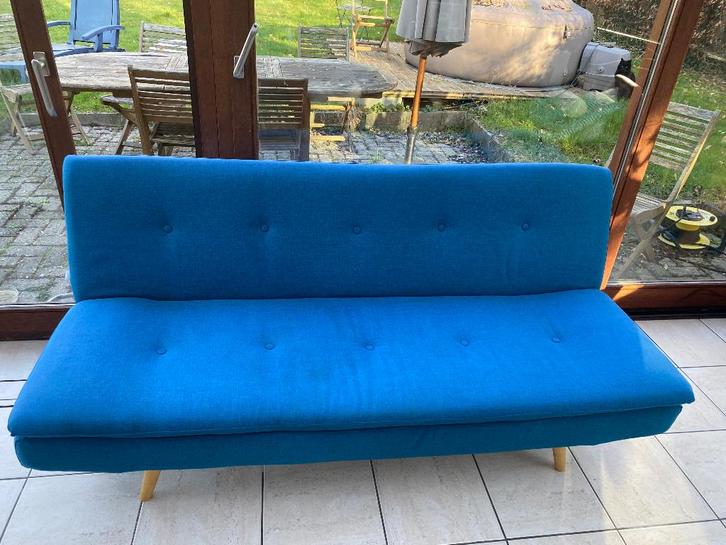 Canapé convertible scandinave 3 places en tissu bleu canard, Maison & Meubles, Canapés | Coins salons complets, Utilisé, Bois