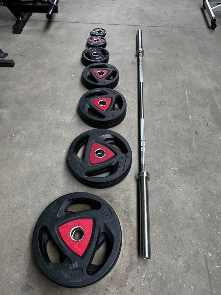 157,5kg Ziva Gewichten  + Olympische Barbell 220cm, Sport en Fitness, Fitnessmaterialen, Gebruikt, Halterschijven, Ophalen