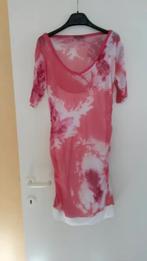 Lange roze t-shirt met witte top eronder, Nieuw, Korte mouw, Roze, Bandolera