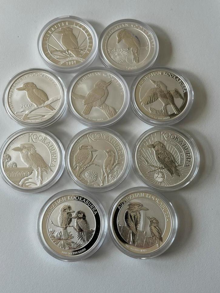 Belle collection de 10 kookaburra australiens en argent 1 oz, Timbres & Monnaies, Métaux nobles & Lingots, Argent, Enlèvement ou Envoi