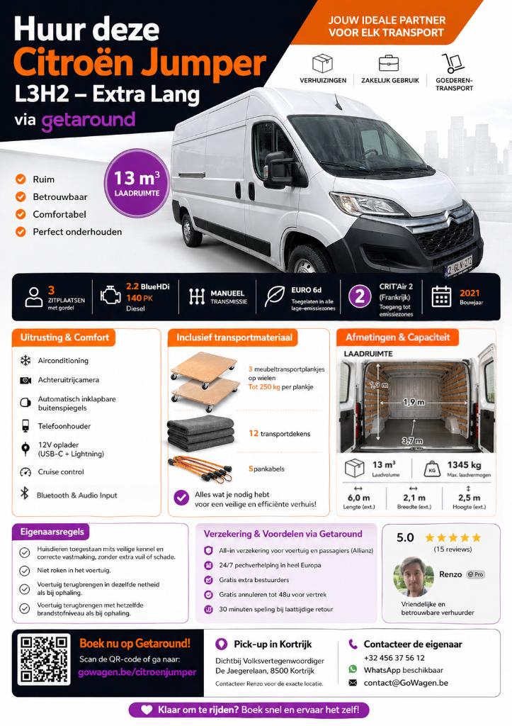 Citroën Jumper L3H2 Extra Lang (13 m³) te huur via Getaround, Auto's, Bestelwagens en Lichte vracht, Stof, 4 cilinders, Citroën