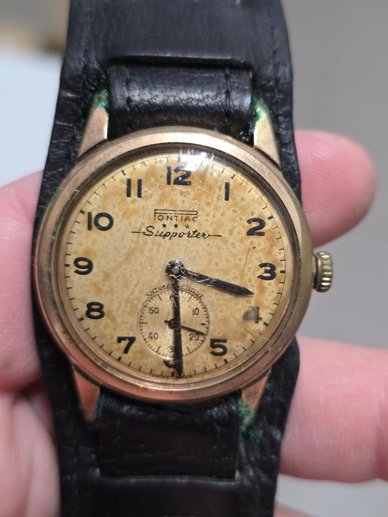 Vintage Pontiac Supporter *** - Swiss Made - Patina dial, Ophalen of Verzenden