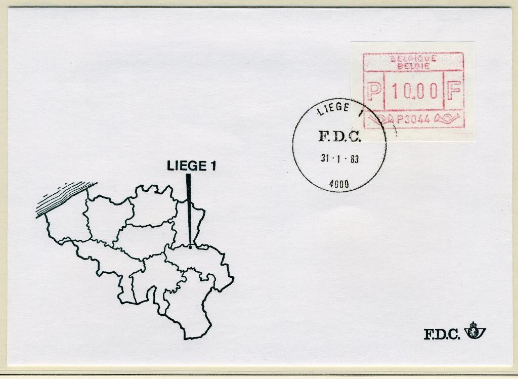 (B) Enveloppe ATM44 FDC 1983 - Liège 1 (P3044), Enlèvement ou Envoi, Affranchi, Avec enveloppe, Oblitération 1er jour