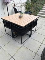 Table en bois +4 chaises + fauteuil suspendu + pied parasol, Jardin & Terrasse, Enlèvement, Bois