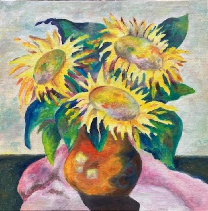 "Sunflowers" (oil painting by Kuijken, 25x25 cm), Antiek en Kunst, Kunst | Schilderijen | Modern, Ophalen of Verzenden