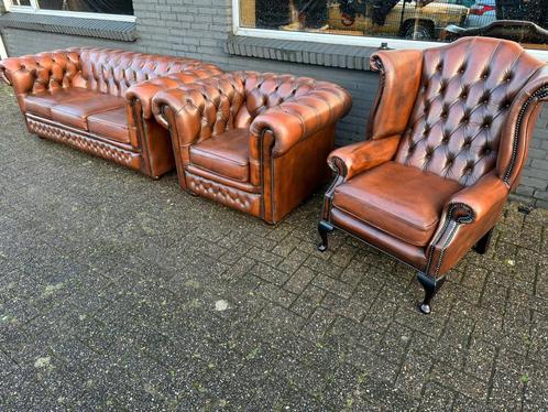 Chesterfield 3+1+1 zit zetels bruin GRATIS GELEVERD, Maison & Meubles, Canapés | Repose-pieds & Poufs, Cuir, Enlèvement ou Envoi