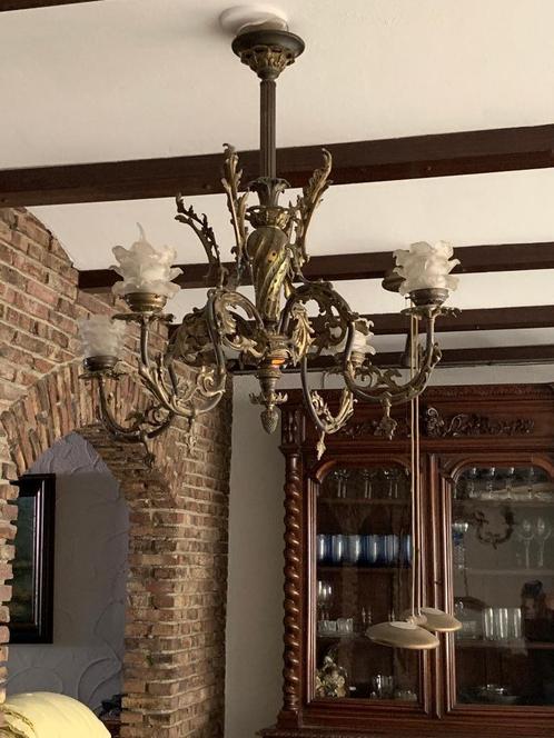 grote en zware ANTIEKE BRONZEN kroonluchter, Huis en Inrichting, Lampen | Kroonluchters, Gebruikt, Glas, Metaal, Ophalen