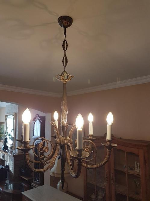 Kroonluchter van messing of brons, inclusief 6 -vlamlampe, Antiek en Kunst, Antiek | Brons en Koper, Brons, Ophalen