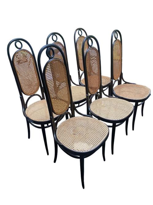 Thonet High Bentwood Webbing Chairs / set van 6, Huis en Inrichting, Stoelen, Gebruikt, Vijf, Zes of meer stoelen, Hout, Riet of Rotan