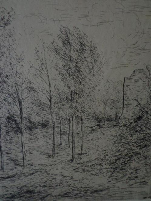 ets Bomen nabij een toren onleesbaar getekend, Antiek en Kunst, Kunst | Etsen en Gravures, Ophalen of Verzenden