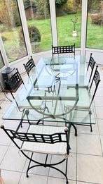 Glazen eettafel met 6 stoelen – smeedijzeren onderstel, Huis en Inrichting, Tafels | Eettafels, Ophalen, Gebruikt, Klassiek - tijdloos