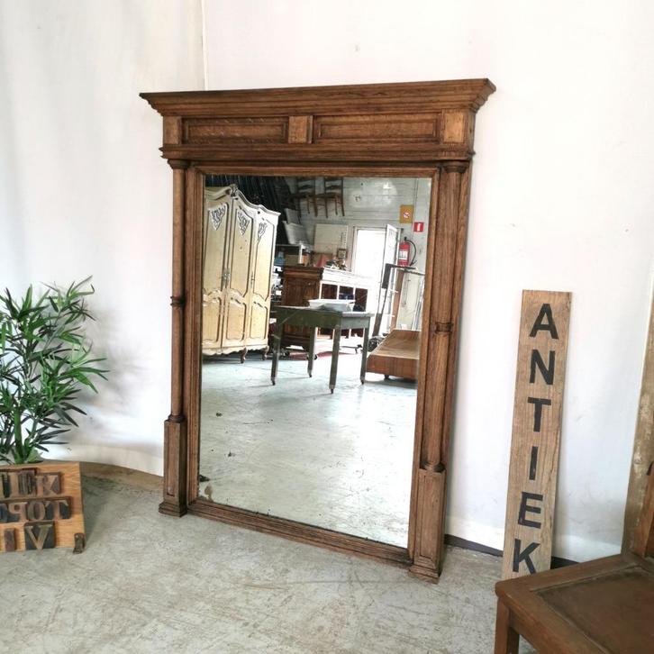 Grote antieke geloogde eiken Franse spiegel H 150 B 115, Huis en Inrichting, Woonaccessoires | Spiegels, Gebruikt, 100 tot 125 cm