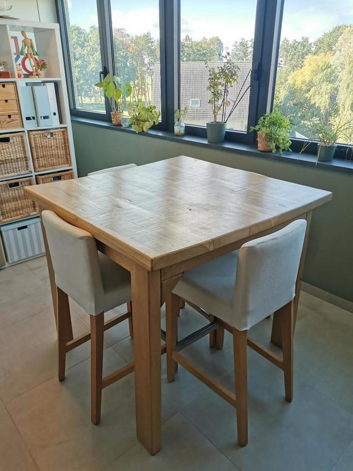 Handgemaakte hoge eettafel uit eikenhout + 4 barkrukken, Huis en Inrichting, Tafels | Statafels, Ophalen