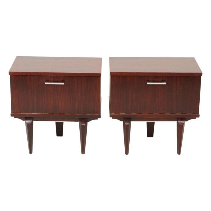 Koppel Vintage Nachtkastjes Fineer Houten Nachttafels, Huis en Inrichting, Slaapkamer | Nachtkastjes, Gebruikt, Minder dan 55 cm