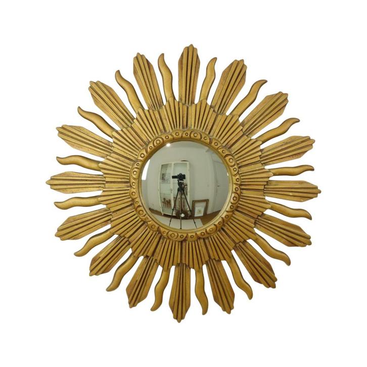 Vintage Zonnespiegel Sunburst Spiegel Convex Goud Hars 48cm, Antiek en Kunst, Antiek | Spiegels, Minder dan 50 cm, Minder dan 100 cm