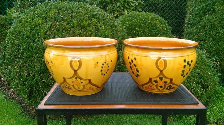 Paar vintage bloempotten Italy handwerk Ø 24cm, Tuin en Terras, Bloempotten, Binnen, Ophalen of Verzenden