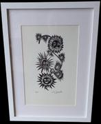 houtsnede Willy Lecomte "zonnebloemen"., Ophalen of Verzenden