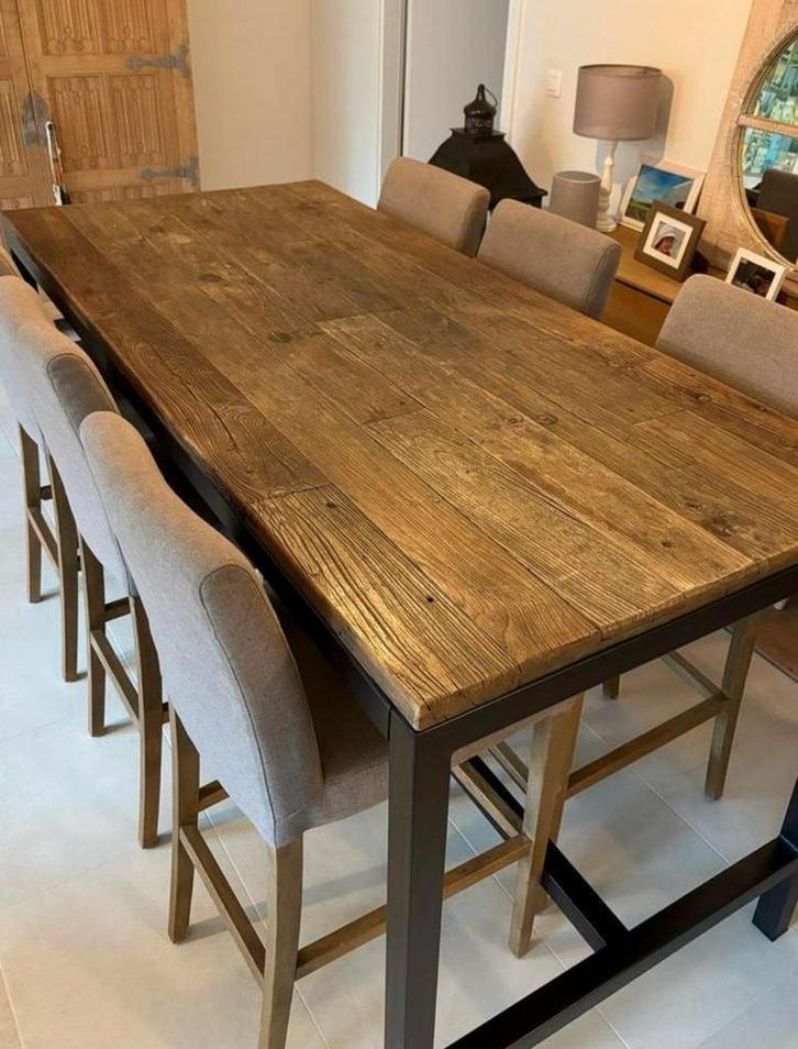 Hoge tafel met eikenhouten blad + 6 stoelen, Huis en Inrichting, Tafels | Eettafels, Zo goed als nieuw, 50 tot 100 cm, 150 tot 200 cm