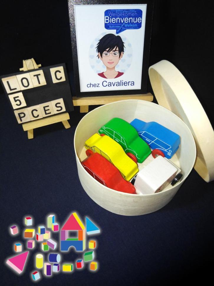 Vijf auto's, massief houten figuren in een doos - PEU, Kinderen en Baby's, Speelgoed | Bouwstenen, Zo goed als nieuw, Overige merken