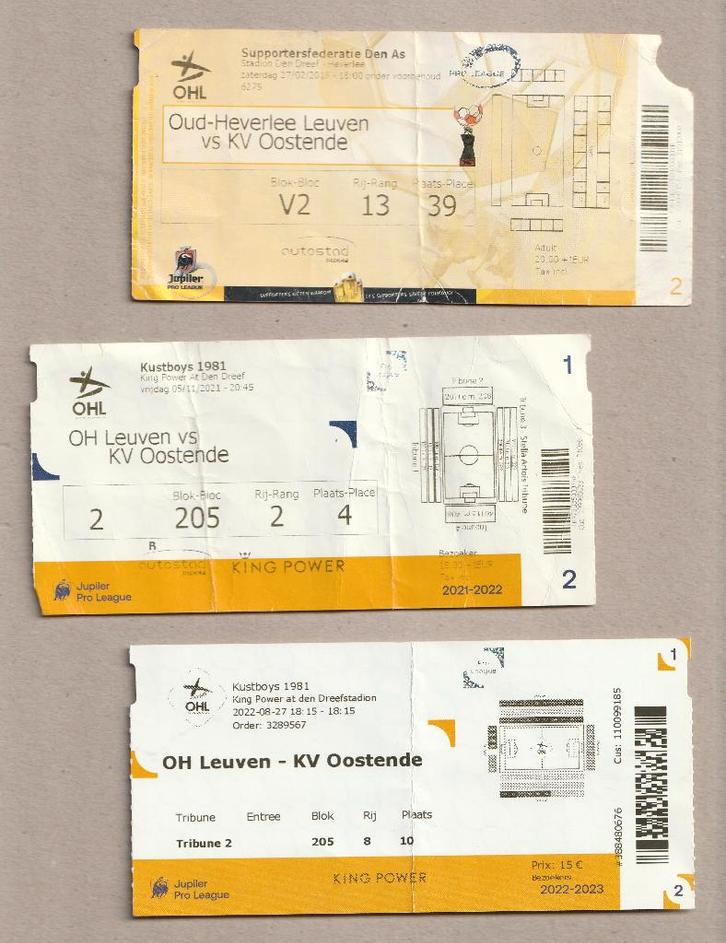 3 tickets diff. (utilisés) Leuven - Oostende (2016-2022), Collections, Articles de Sport & Football, Utilisé, Autres types, Enlèvement ou Envoi