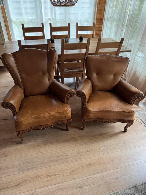 Set van 2 oude authentieke lederen faiteuils 1zit, Antiek en Kunst, Antiek | Meubels | Stoelen en Sofa's, Ophalen