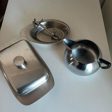 Inox botervloot  melkpoeder  suikerschaal  suikertang, Enlèvement ou Envoi, Comme neuf, Inox
